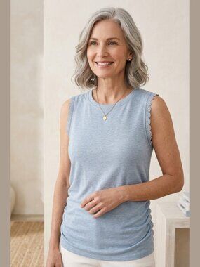 CUPIO Blue Linen Blend Ruched Side Tank Top Crochet Lace Trim Coastal Grandma S